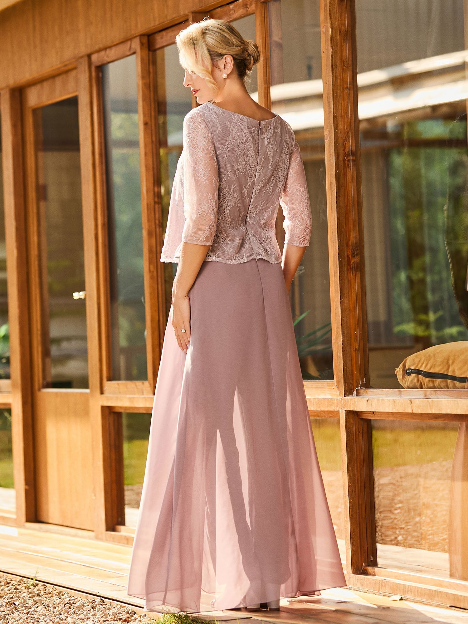 Elegant Lace Top with Chiffon Pant Suit  Dusty Rose